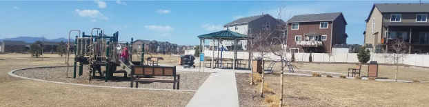 An image of a playground and gazeebo with a picnic table. The playground has a slide, pole, and stairs. There are two park benches and the picnic table is covered by the gazeebo. The area is surrounded by grass and a few trees.